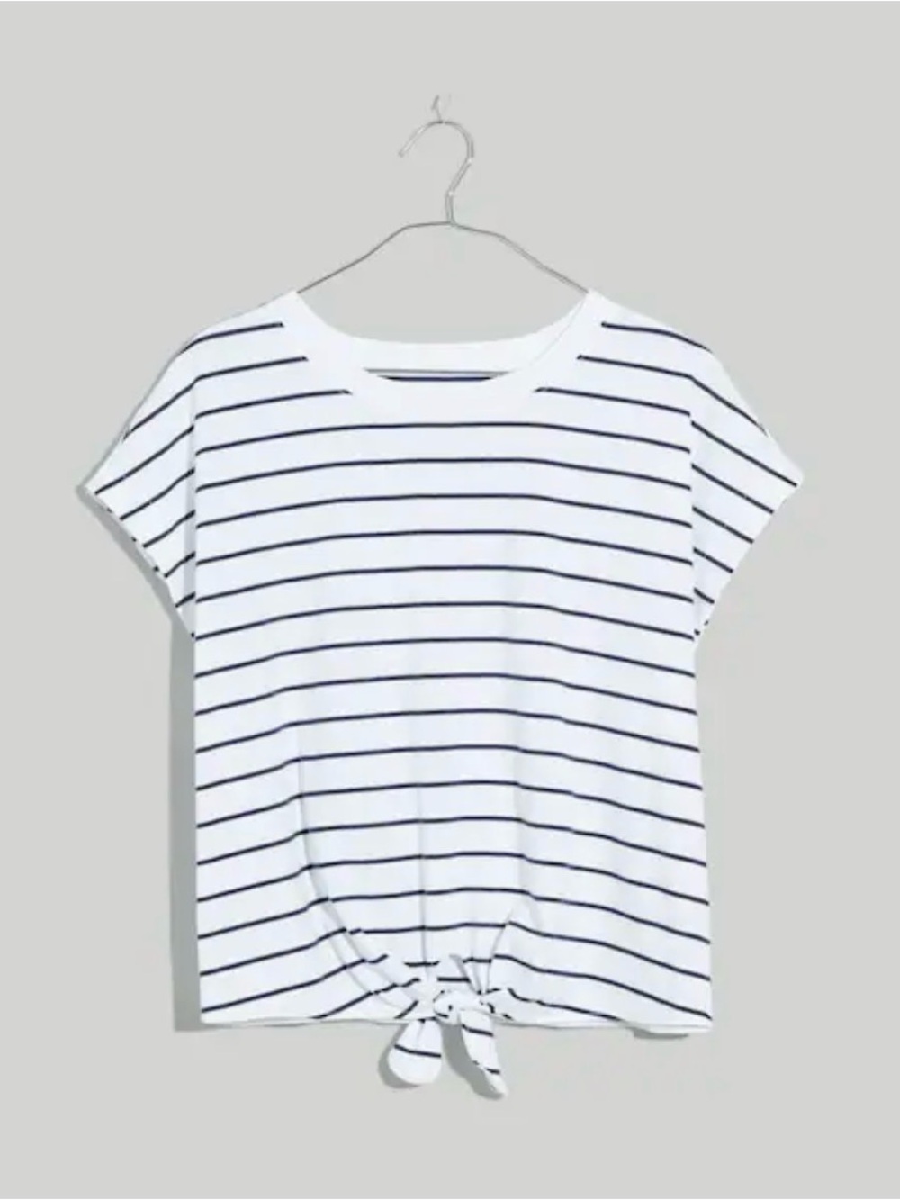 Madewell White Tee with Navy Stripes and Front Tie